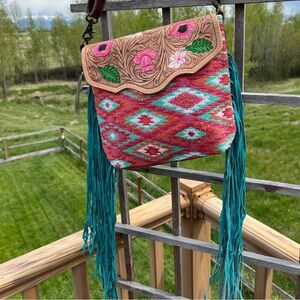 Myra Bag Tooled leather floral fringe handbag purse rug Barbie pink turquoise